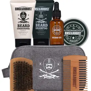 Beard Care Set Kits: Beard Shampoo, Conditioner, Balm, Oil, Traveling Bag, Scented, Valentine Gift for Men Hygiene Products