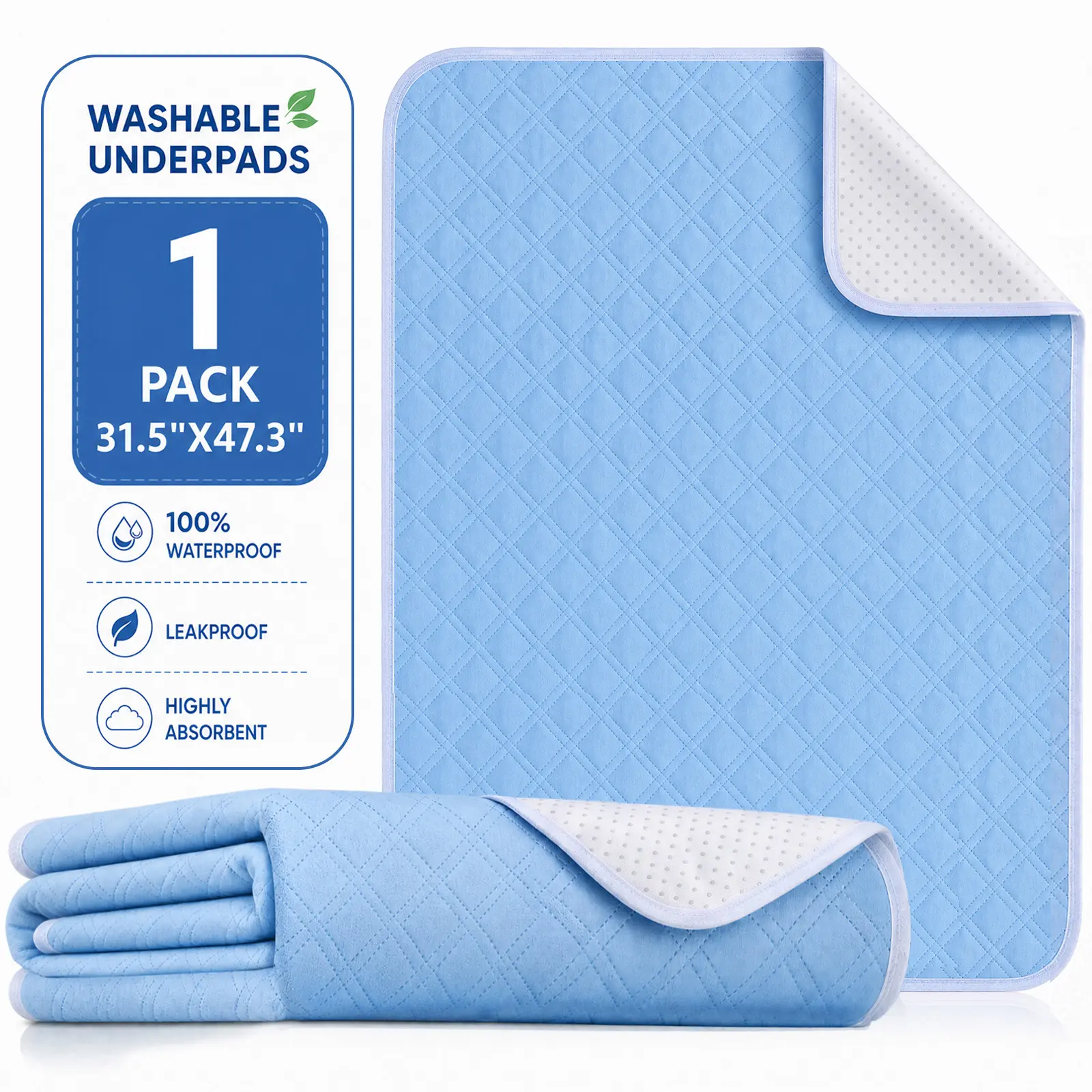 Washable Underpads 1 Pack, 31.5" x 47.3" Extra Large Reusable Waterproof Bed Pads, Highly Absorbent Leakproof Pee Pads for Adults, Dogs, Nursing & Incontinence, Blue