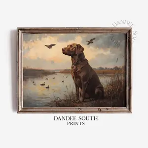 Hunting Dog Printable Wall Art, Mallard Ducks Oil Painting Wall Art Printable, Chocolate Labrador, Nature & Wildlife poster Art Prin