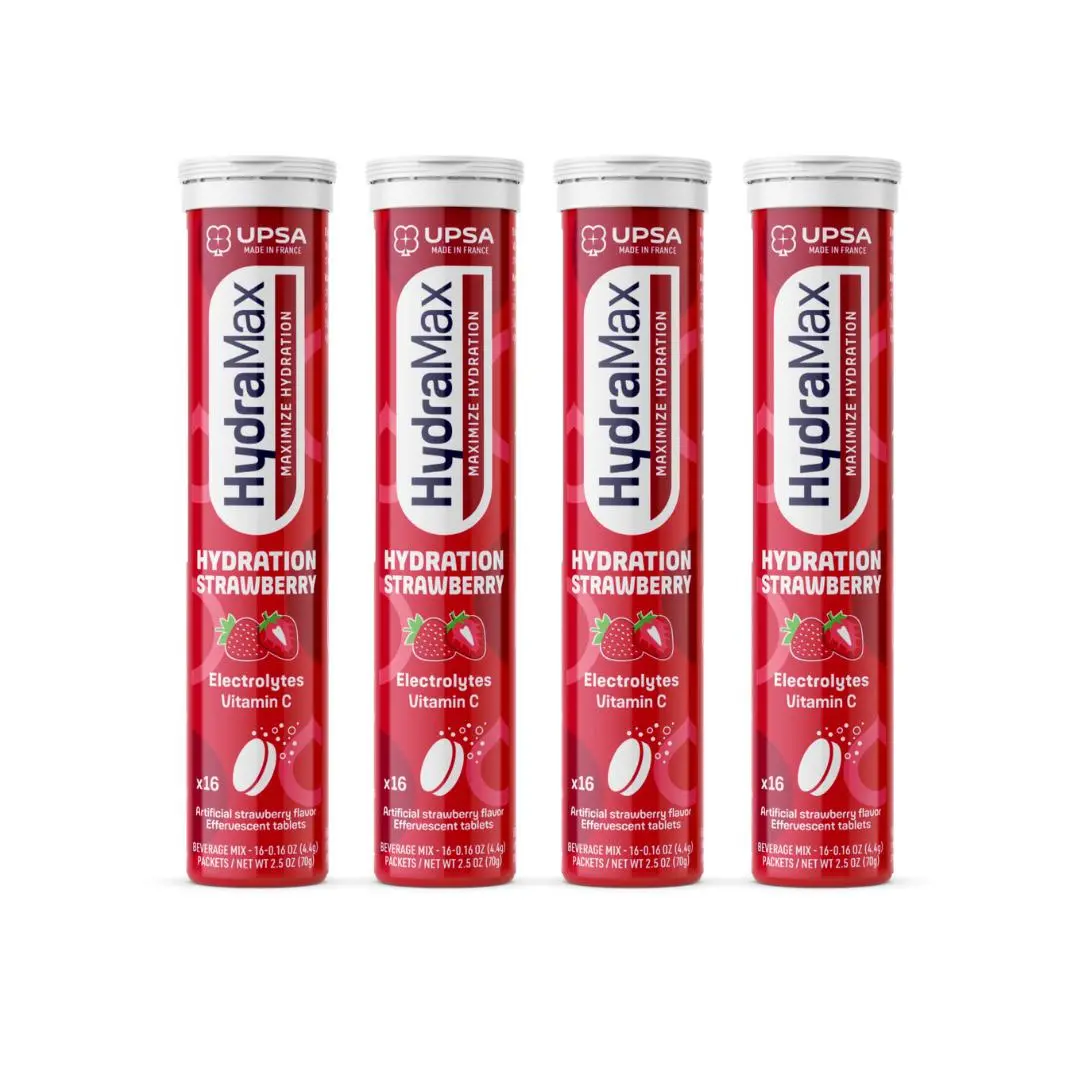 HydraMax Hydration + Strawberry Effervescent Tablets 4 Packs – Electrolytes with Vitamin C, Magnesium, Strawberry Flavor, 16 Tablets, Daily Supplement, Multivitamin