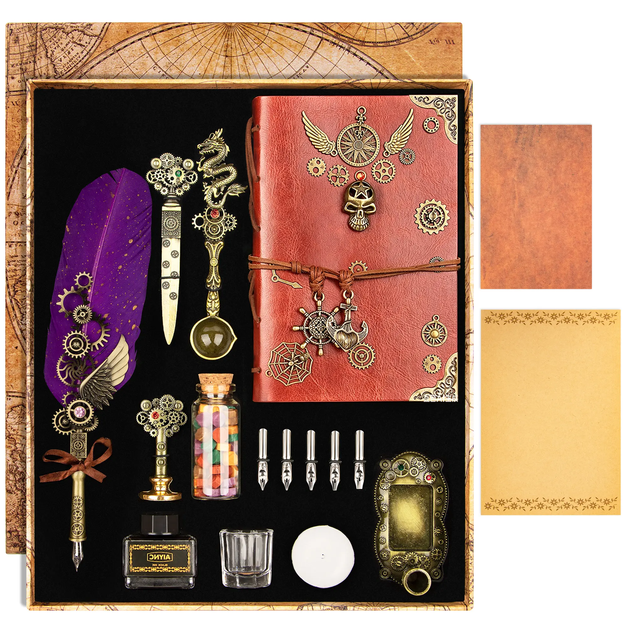 Feather Quill Pen and Ink Set, Dip Pen,Antique Calligraphy Pen with 5 Replaceable Nibs,Wax Seal Stamp kit,Wax Beads & Leather Writing Notebook Christmas gift for Men&Women(Purple)
