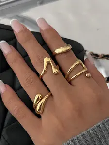 Women's Hip-Hop Style Geometric Joint Ring Set, Solid Zinc Alloy, Sexy Design, Four-Piece Jewelry Kit, All-Season Accessory