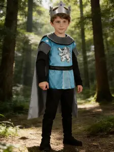 Blue King Set: Velvet Top with Silver Color Cape, Lion Emblem, Chainmail Collar, Diamond Crown, Fitted Party Suit for All Seasons