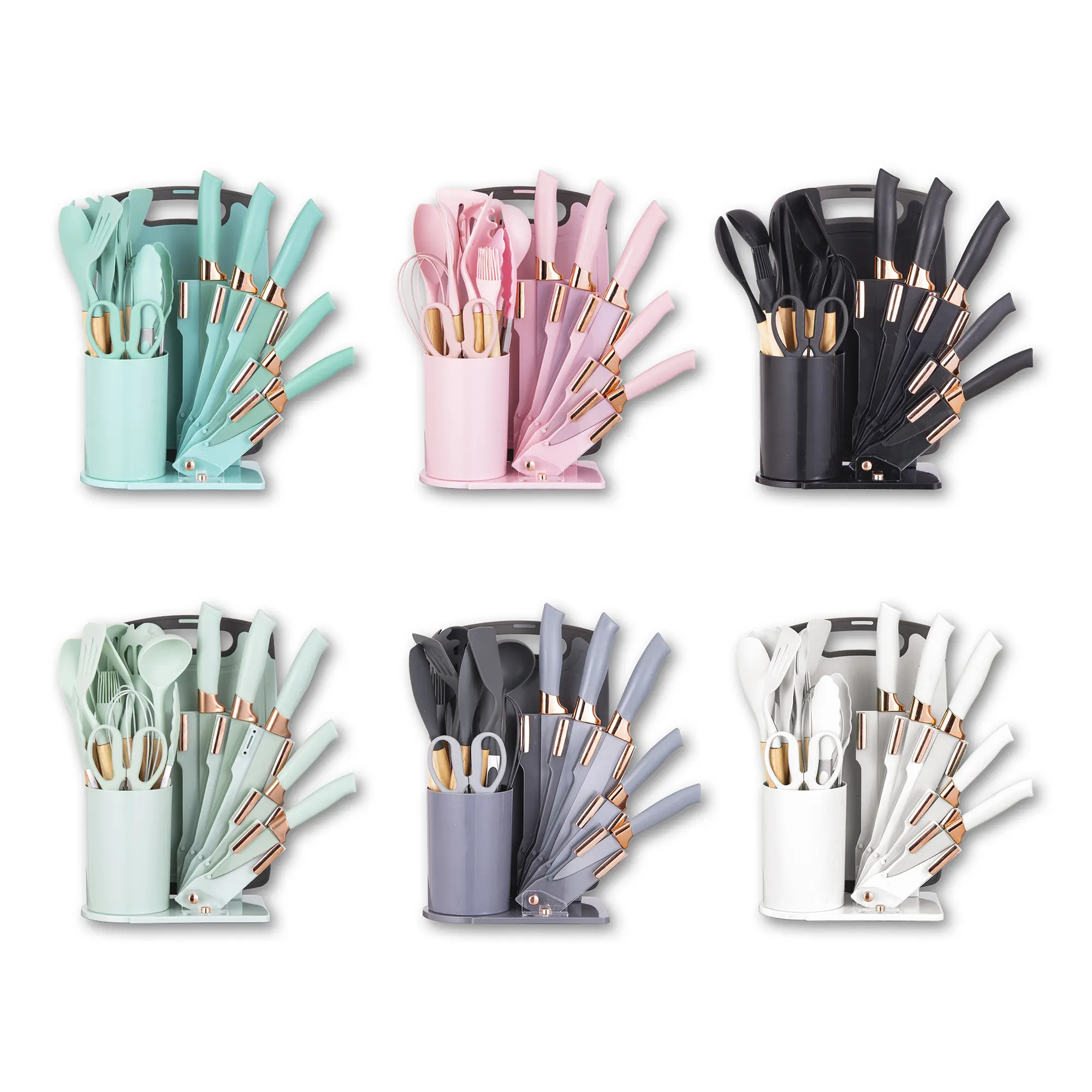 19-Piece Aesthetic Kitchen Utensil Set with Knife Block & Cutting Board - Professional Silicone Cooking Tools, Wooden Handles, Heat Resistant, Non-Stick, Pink Green White Black Grey - Perfect Apartment Essentials Gift