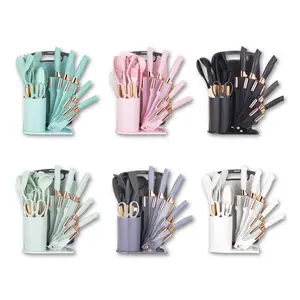 19-Piece Aesthetic Kitchen Utensil Set with Knife Block & Cutting Board - Professional Silicone Cooking Tools, Wooden Handles, Heat Resistant, Non-Stick, Pink Green White Black Grey - Perfect Apartment Essentials Gift