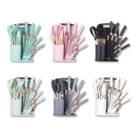 Aesthetic 19-Piece Rustic Kitchen Set - Prep Knives, Counter Storage Kit with Block Holder, Matching Cutting Board and Scissors, Silicone Tools, Wooden Handles, Heat-Resistant, Non-Stick - Pink, Green, White, Black, Grey - Ideal for Organized Kitchens