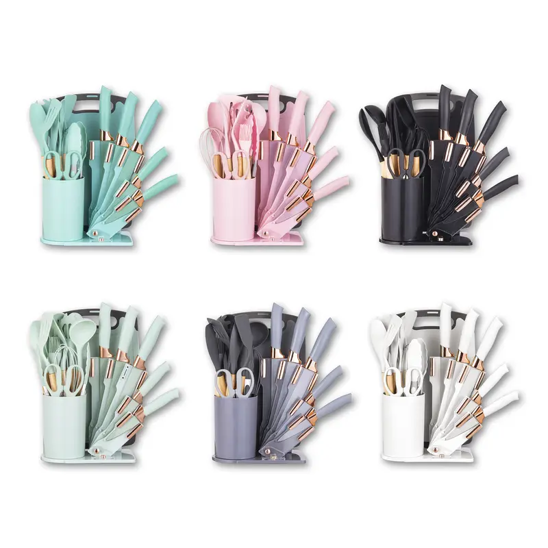 Aesthetic 19-Piece Rustic Kitchen Set - Prep Knives, Counter Storage Kit with Block Holder, Matching Cutting Board and Scissors, Silicone Tools, Wooden Handles, Heat-Resistant, Non-Stick - Pink, Green, White, Black, Grey - Ideal for Organized Kitchens