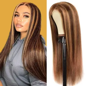SuperNova Brown & Blonde Highlight Piano Color Straight Wig - 4x4 Lace Closure, 100% Human Hair, Perfect for Versatile Styles & Natural Look 24inch