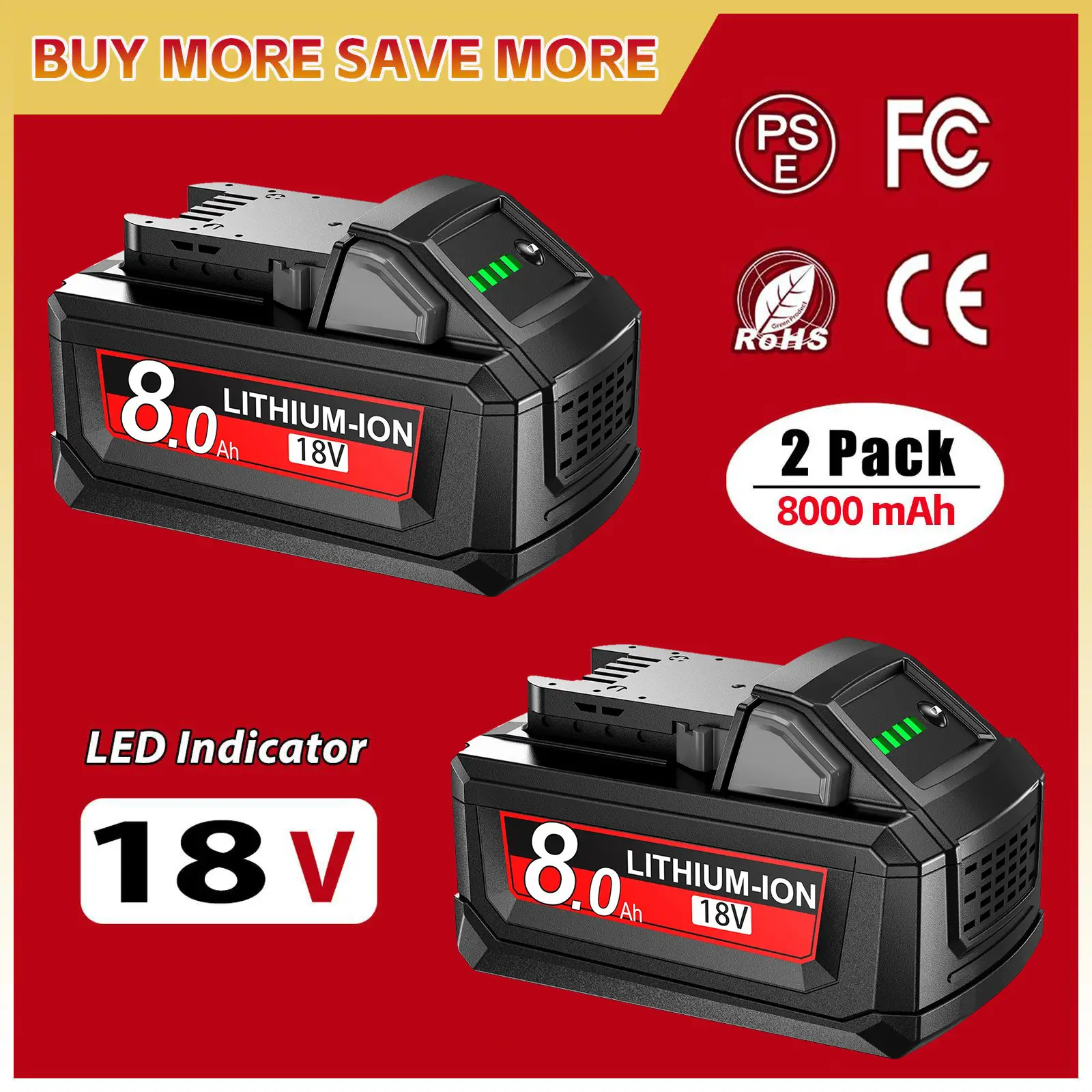 TikTokShopRestock2Pack 18V 8.0Ah Replace for Milwaukee M18 Battery 48-11-1850 48-11-1840 48-11-1852 48-11-1815 Cordless Power Tools Lithium-Ion Batter