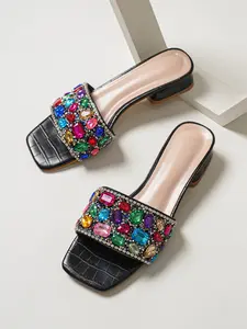 Women's Elegant Low Heel Wedding Sandals with Sparkling Multicolor Rhinestones, Summer Party Casual Home Wear Fashion Slip-On Slippers