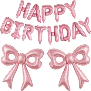 Pink Happy Birthday Balloons, 31"Huge Pink Bow Aluminum Foil Balloons for Girl Woman Birthday, Princess, Coquette Party Decorations Supplies