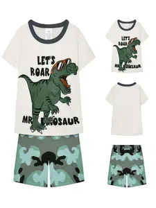 Boys Dinosaur Print Pajama Set, Short Sleeve Sleepwear, Breathable Cotton Fabric, Casual Home & Outdoor Use, Comfort Fit