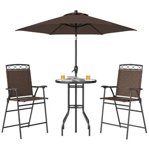 4 Piece Outdoor Bar Set with Umbrella, Patio Dining Set with 2 Folding Chairs, Wave Textured Tempered Glass Table for Backyard, Garden, Deck, Poolside, Brown