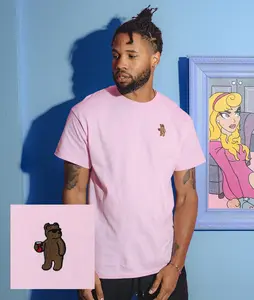 Riot Bear Embroidered Mens T-Shirt - Pink