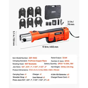 VEVOR ProPress Tool, 18V Electric Pipe Crimping Tool for 1/2, 3/4, 1, 1 -1/4, 1 -1/2, 2 Copper Pipes, 32KN Pro Press Tool with 6 VUS Jaws, 2PCS 4AH Batteries, Fast Charger Carrying Case