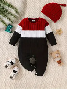 Baby Knit Romper Set, Patchwork Design, Fitted Above-The-Ankles, Casual Style for Newborns & Photography, Infant Toddler Clothes