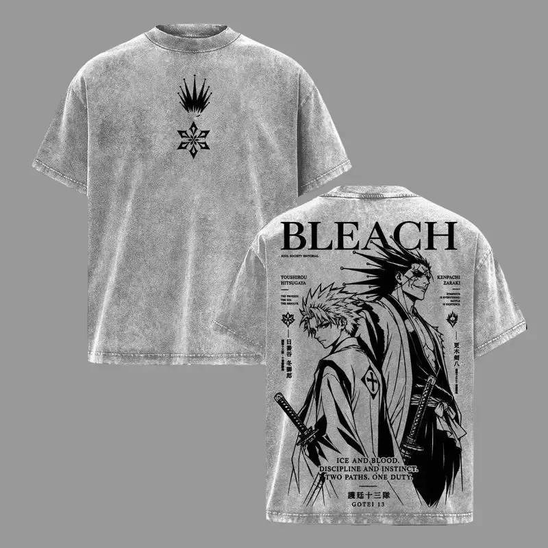 Men's Short-Sleeve Menswear Bleach Graphic Tee - Toshiro Hitsugaya & Kenpachi Zaraki Gotei 13 Captains, Vintage Washed Heavyweight Cotton Shinigami Soul Society Streetwear, Unisex Apparel Gift for Fans, Shortsleeve