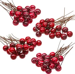 20 Artificial Holly Berries, Burgundy 10mm Mini Christmas Fake Berry Decorations with Wire Stems, Ideal for DIY Christmas Wreaths, Christmas Tree Garlands, and Table Centerpieces