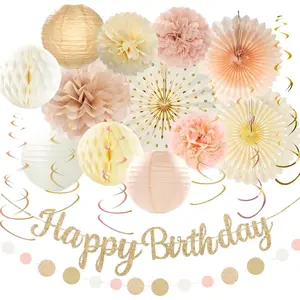 Champagne-Gold Birthday Party Decorations Kit-26 Piece- Glittery Banner,Peach and Cream Yellow Color Scheme Paper Decorations, Birthday Party Supplies for