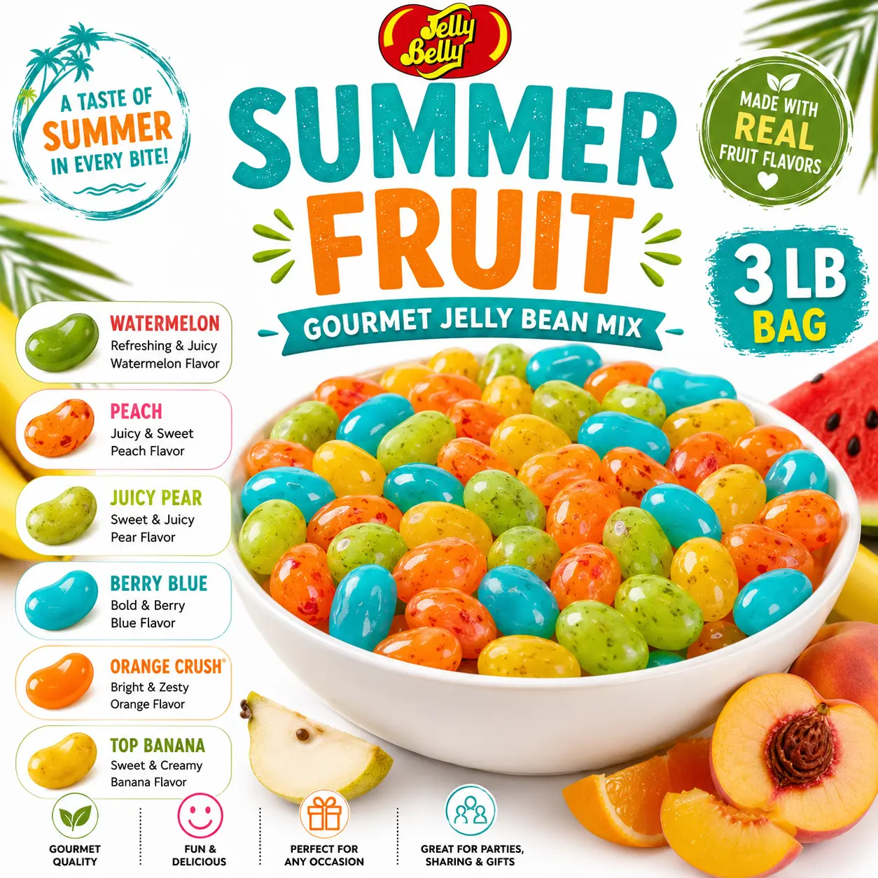 Rich & Richers Jelly Belly Summer Fruit Gourmet Jelly Beans Mix Snack - Watermelon, Peach, Juicy Pear, Berry Blue, Orange Crush, Top Banana - 3lb Bulk Bag for Party Candy Buffet, Birthday Dessert Display - Soft Chewy Sweet Fruit Treats