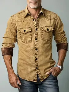 Men’s Vintage Worn Denim Shirt Jacket — Long Sleeve, Double Chest Pockets, Turn-Down Collar, Casual Style, Washed Finish, A Must-Have for Autumn Outfits