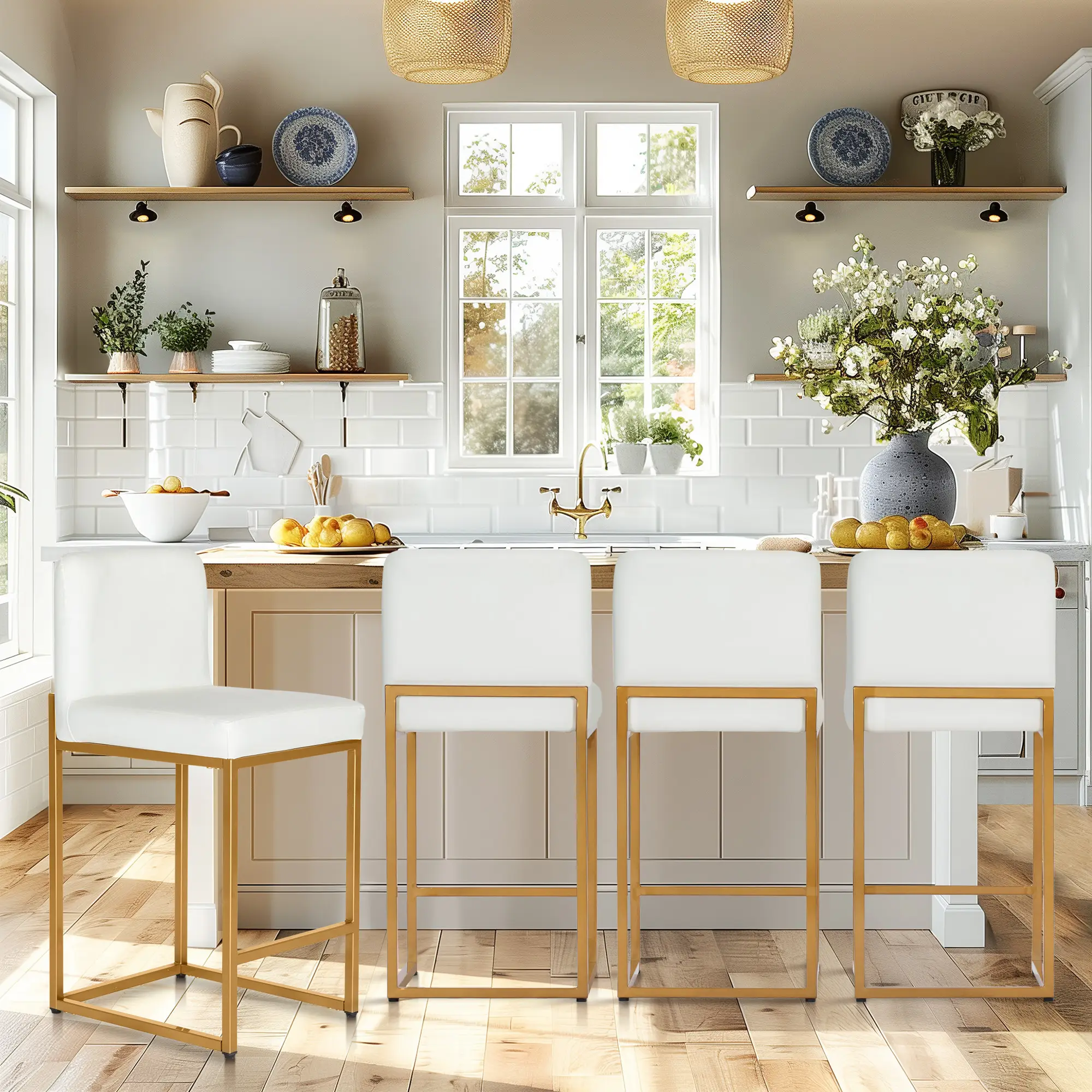 PHI VILLA Barstool Set Counter Height 24'' Leather Kitchen Bar Stools with Back, Backrest, and Stable Base, Easy Assembly Furniture Dining Chairs Luxu