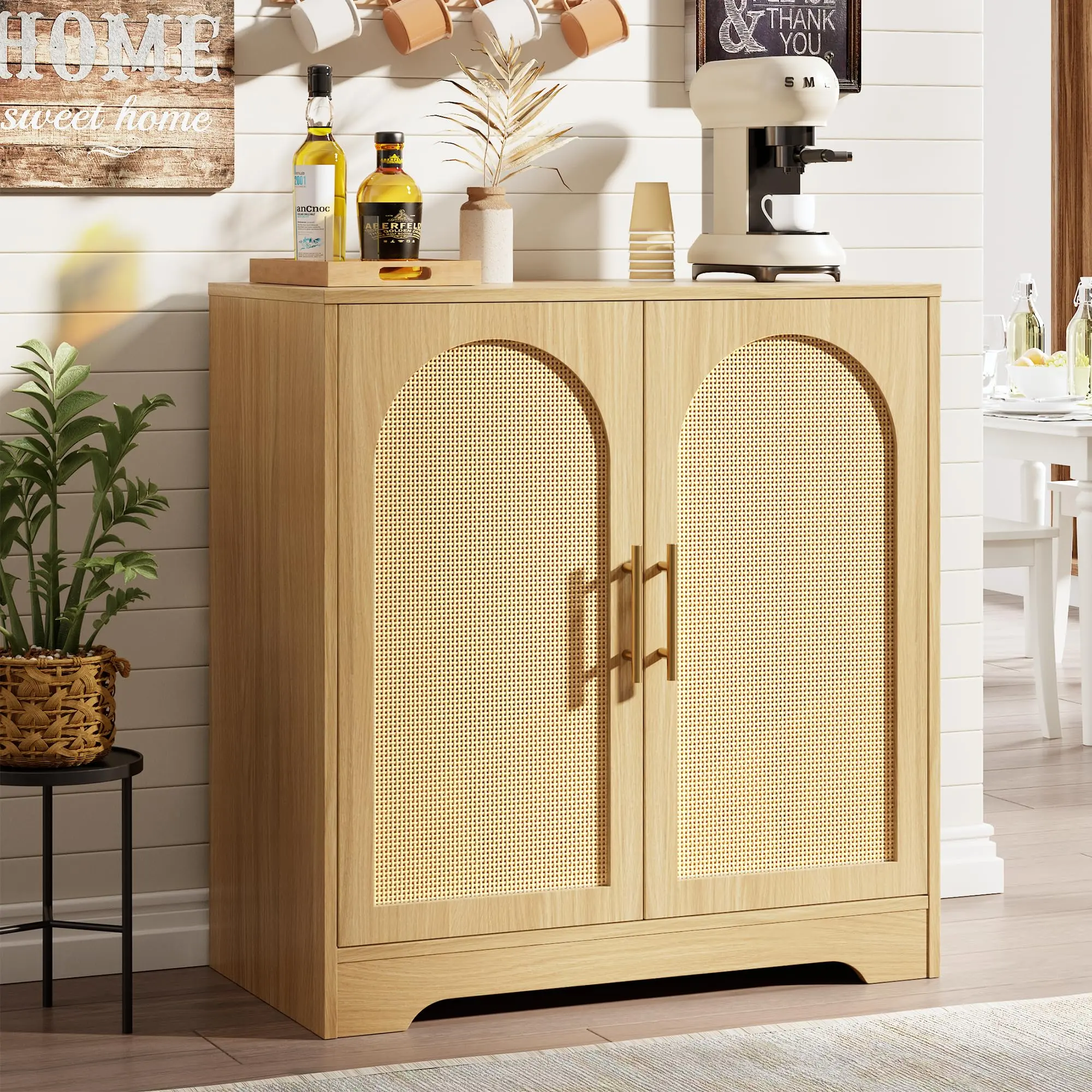 30" W Sideboard Buffet Cabinet- with 2 Rattan Doors, Large Storage Console Table & Modern Accent Coffee Bar Cabinet for Living Room, Kitchen, Hallway, Dining Room, Entryway