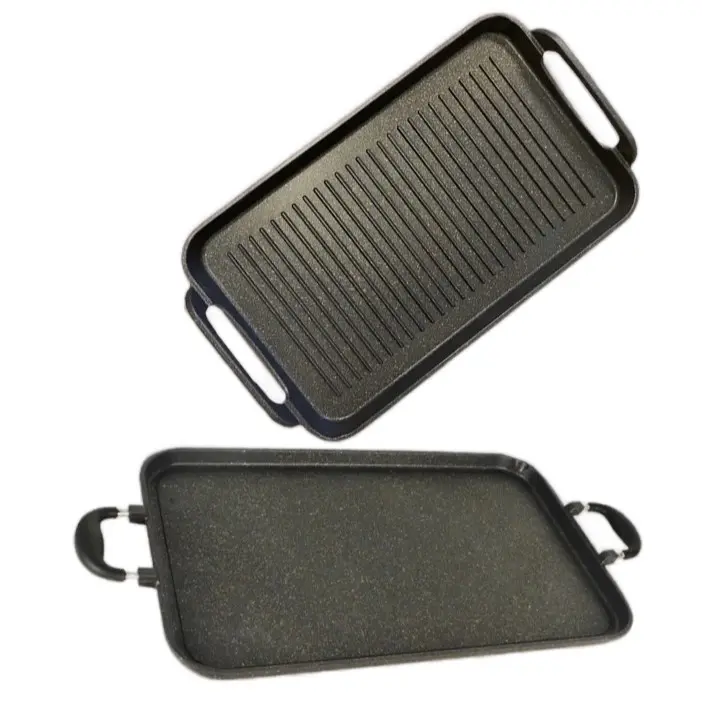 2-Piece Griddle Set – 4190 Smooth Nonstick Marble Double-Burner Griddle + Ribbed Grill Griddle, Die-Cast Aluminum, Gas Stovetop Cooking Bundle + Free Silicone Handle Covers
