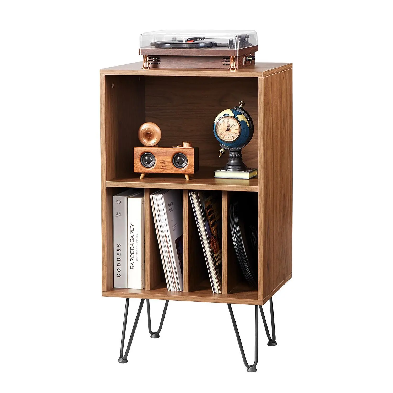 【Summerfinds】VEVOR Record Player Stand 3 Tiers Turntable Stand with Record StorageHolds up to 150 AlbumsVinyl Record Storage Cabinet with Metal Legs for BedroomLiving RoomBrown