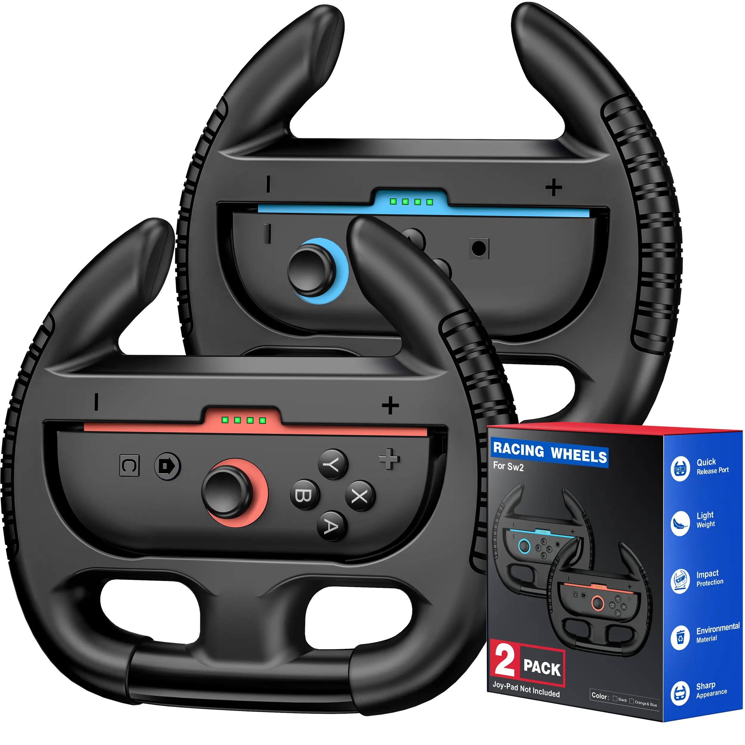 2-Pack Nintendo Switch Racing Wheel Grips - Console Accessory with Bigger SL/SR Buttons, JoyCon-Compatible, Supports Extended Gaming Sessions, Sync Status, Authentic Style for Switch, Ideal for Friends and Family
