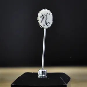 Vintage Sterling Silver White Ivory "M" Initial Etched Hat Stick Pin - Cursive Initial Pin - Sterling 925 White Monogram "M" Hat Stick Pin