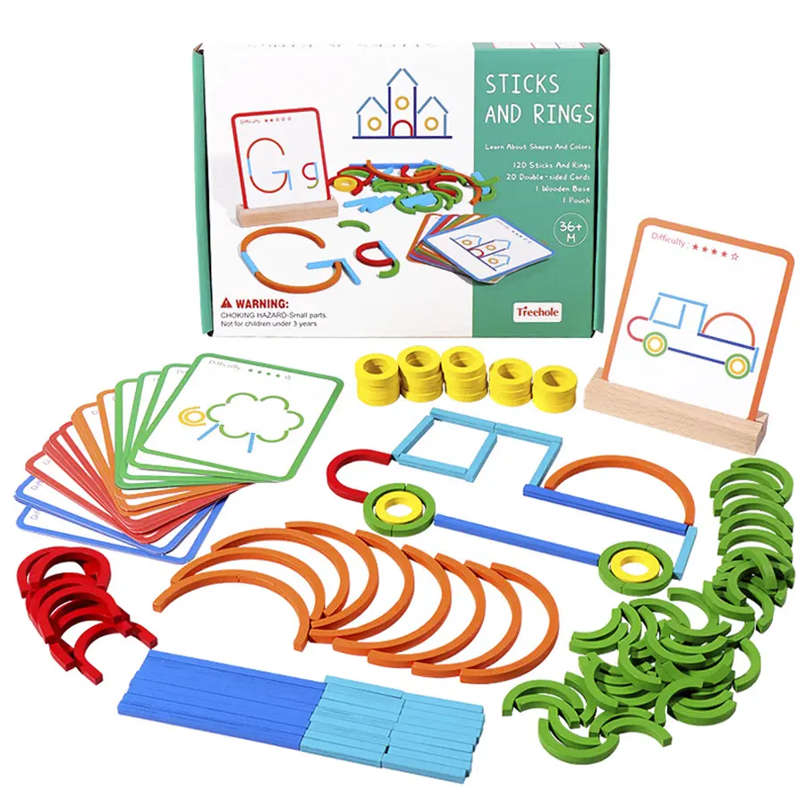 1 Box Creative Puzzle , 120 Stick & Ring & 20 Card Set, Early Learning Educational Toys for Fine Motor Skills Color Cognition Hands-on Ability, Wooden Puzzles