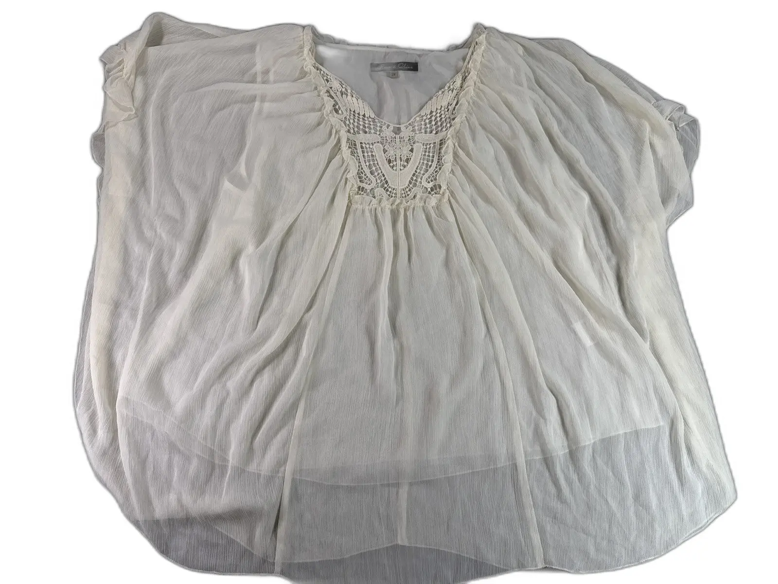 Rose Olive Boho Blouse Womens 2X White 100% Polyester Loose Fit Crochet Neck