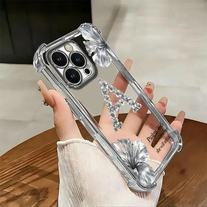 Suitable for [iPhone 13 Pro] high-end phone case🥰, Aesthetic Silver Glitter Initial Floral Phone Case, God Is Within Her Clear 4-Corner Shockproof Camera Protective Cover 952