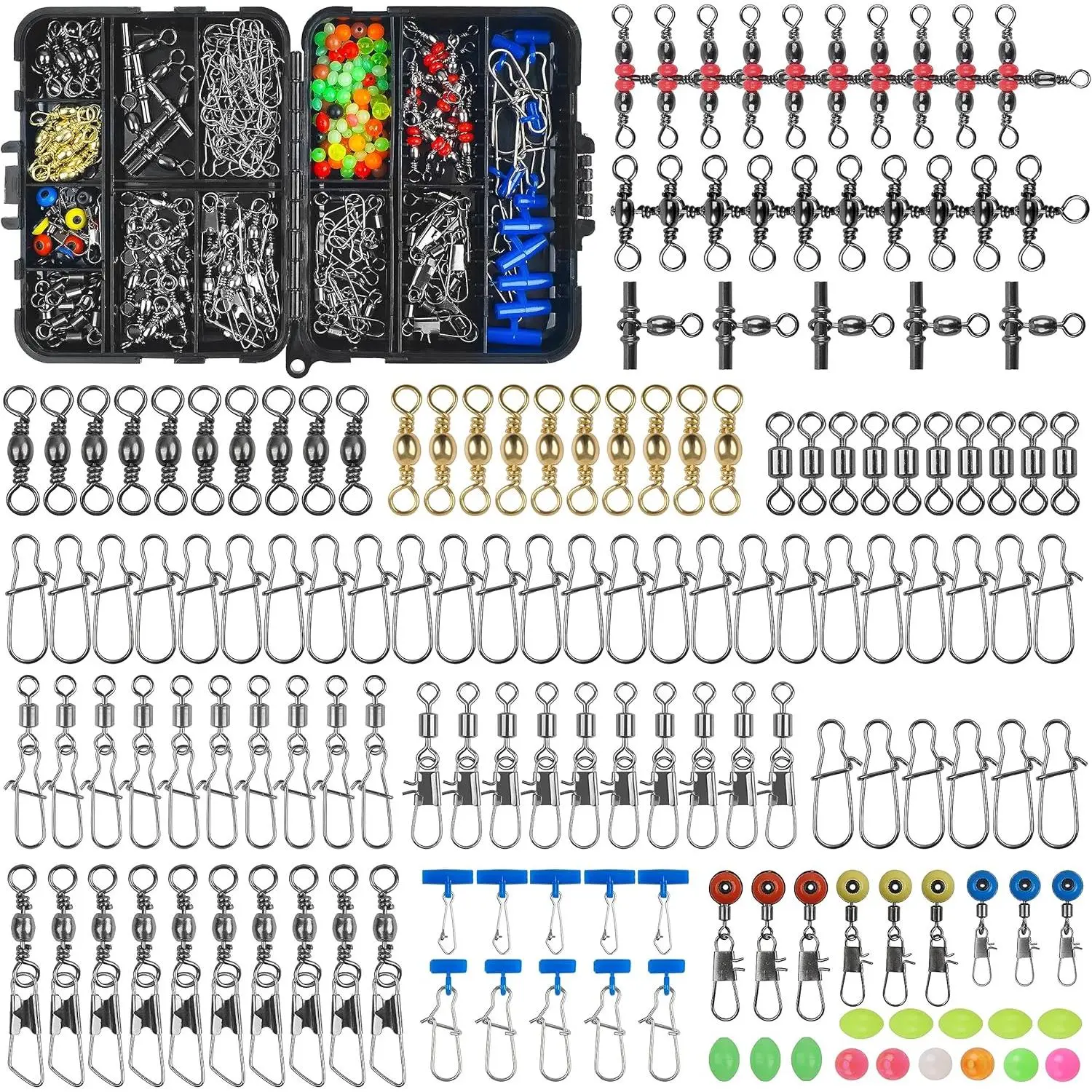 Fishing Swivels Accessories Tackle Kit  174pcs Rolling Snaps Sinker Slides Crossline Three Way Swivel Line Beads Duo Lock for Bass Trout Saltwater Freshwater