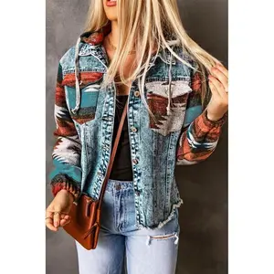 Western Style Denim Stitching Hooded Jacket Women's Multi-Color Printed Frayed Hem Jacket Womena Can be used with a raincoat