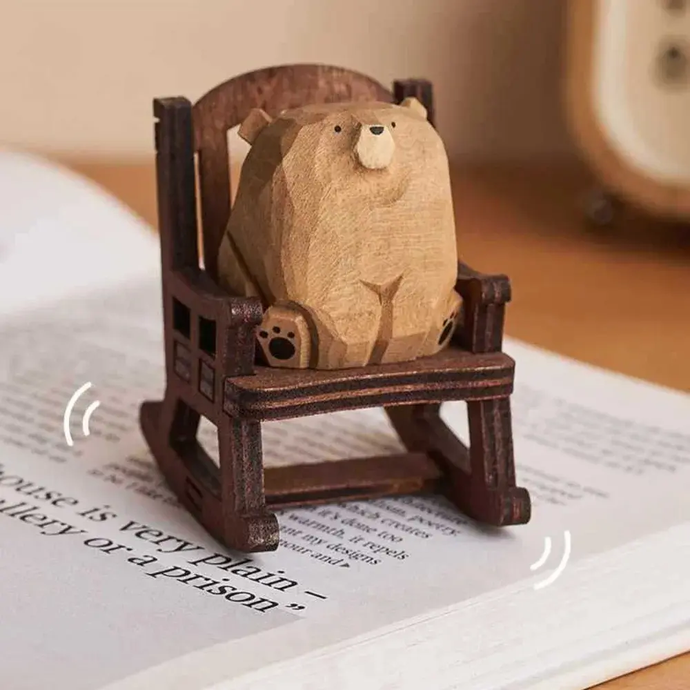 Mini Wooden Bear Figurine, Hand-Carved Animal Ornament for Desk Shelf, Home Decor Photo Prop Gift