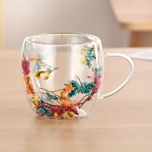 4/8 packs-250ml Multi-Colored Dried Flower Double-Layered Borosilicate Glass Cup, Beautiful Insulated Coffee And Tea Cup With Handle, Perfect For Hot And Cold Drinks, Pink Starry Sky Decoration, Gift-Ready, Milk Chocolate Compatible