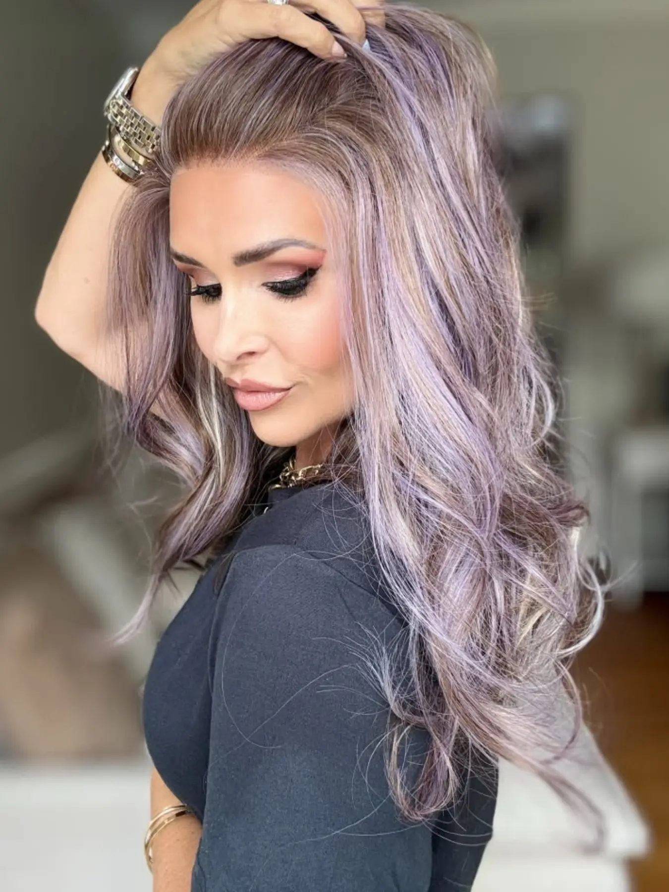 MACA BAKA Cecily Lavender Brown White Balayage Ombre Highlight Lace Front Wig with Scandinavian Hairline Low Density 14 Inches Short Wavy Light Purple HD Synthetic Lace Front Wigs for Women Pre Plucked