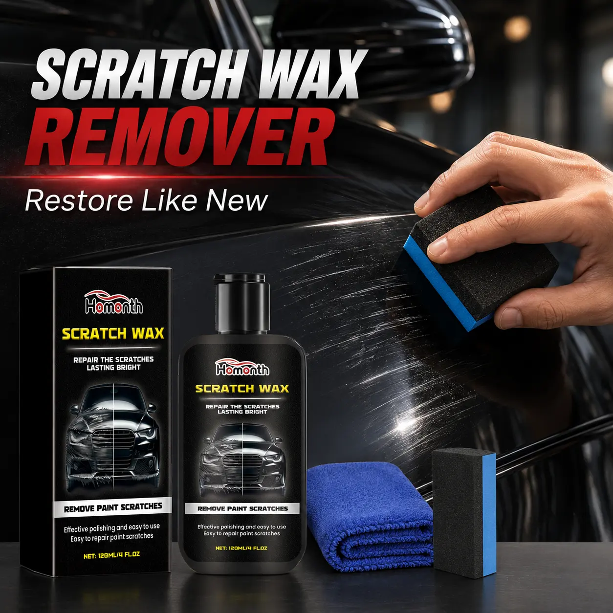 Premium Car Scratch and Swirl Remover Wax Kit with Polishing Sponge and Microfiber Towel Paint Care Polish 120 ml for Light Scratches Scuffs and Gloss Restoration Car Paint Care and Auto Detailing Products