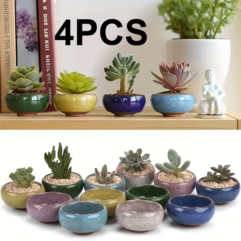 4-pack SummerVibes mini ceramic succulent planter with drain holes - Hand cracked glaze jar cactus, air plant, home decor flower pots, plant stands for indoor plants