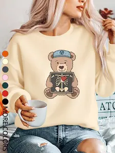 New Creative Simple Cartoon Bear Pattern Letter Print Casual Long Sleeve Round Neck Sweatshirt for Women, Trendy Multi-Color Options