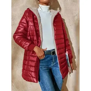 Women’s fleece-lined hooded jacket — warm, loose fit, zip-up winter coat with pockets, black polyester, casual style for cold weather; women’s long-sleeve fabric top