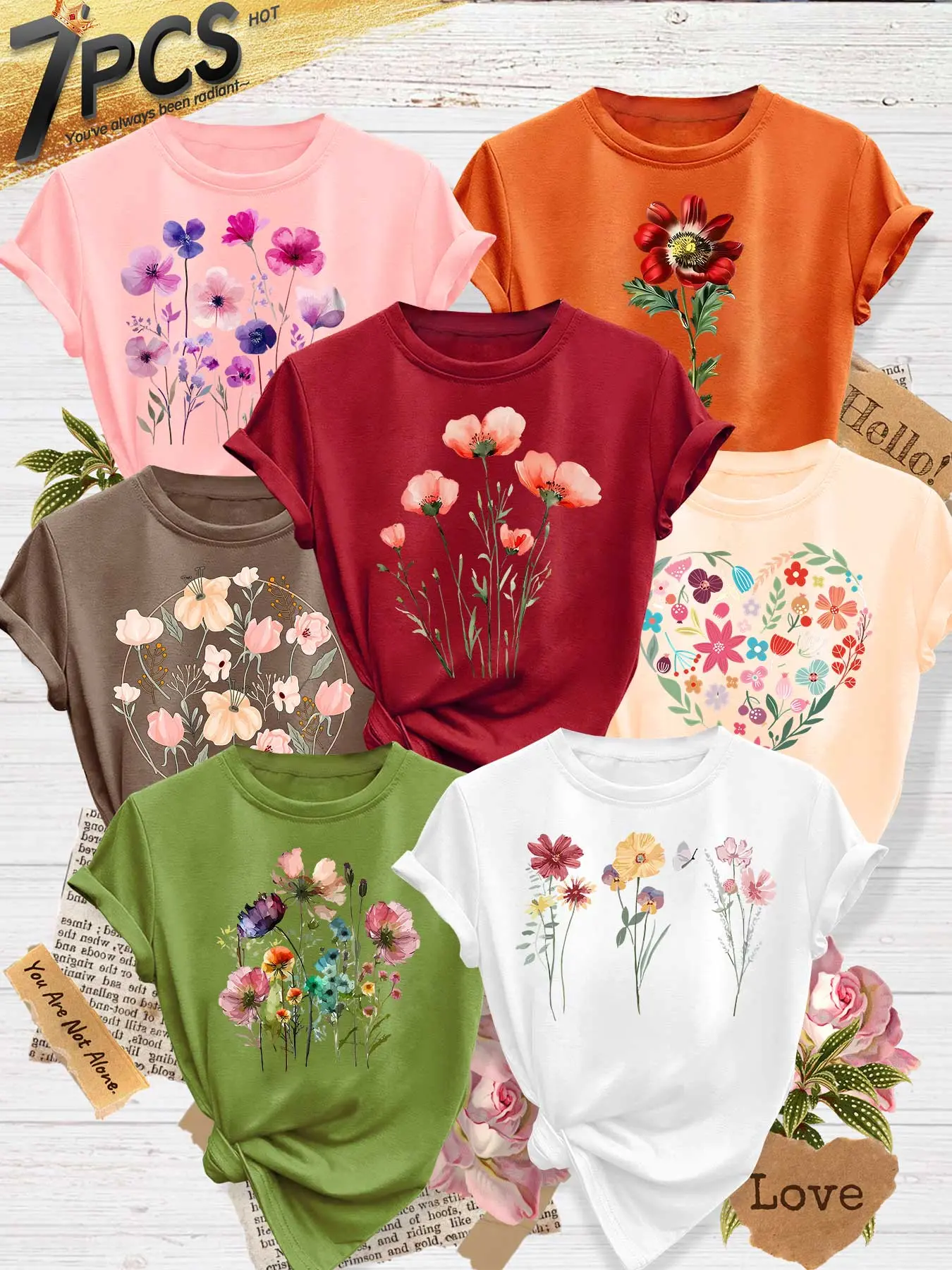 7pcs Plus Size Women's Crew Neck T-Shirt, Poppy & Watercolor Floral Print, Multiple Colors Available, Machine Washable, Spring & Summer Top, Soft Skin-Friendly Fabric, Daily Versatile, Fashion Design