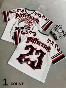 Men's Loose V-Neck Mesh Top, Mesh Fabric with Flame Skull Print, Gothic Style, Y2K Streetwear, Breathable, Summer Fashion