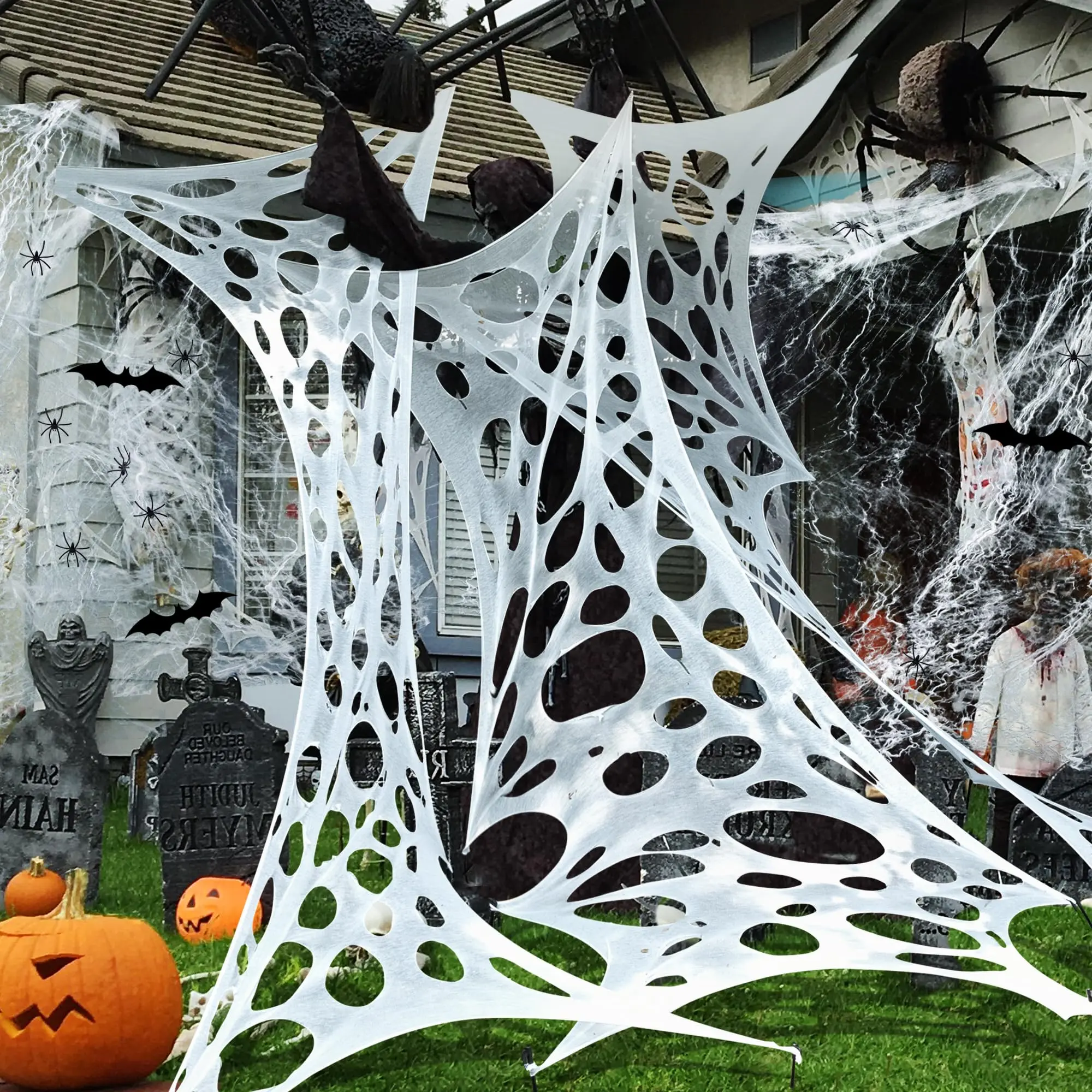 680 Sqft Cuttable Stretchy Web Decoration  White Giant Outdoor Beef Netting Webs Diy Spooky Gauze Cobweb Spiders Bats For Yard Garden Party Decor (236" X 39")