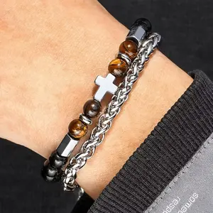 Fashion Accessories: Trendy & Unique Stainless Steel Beaded Bracelet — Hip-Hop Style Double-Layer Cross Bracelet