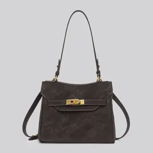 Vintage Lock Detail Suede-Effect Shoulder Crossbody Bag for Women, Structured Satchel Purse  with Gold-tone Accents, Retro Style Crossbody Purse with Detchable Strap, Perfect for Work, Commuting & Everyday Use