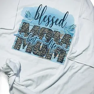 Blessed Mom Tshirt - White Crew Neck Short Sleeve with "Blessed Mom" Design and Leopard Print