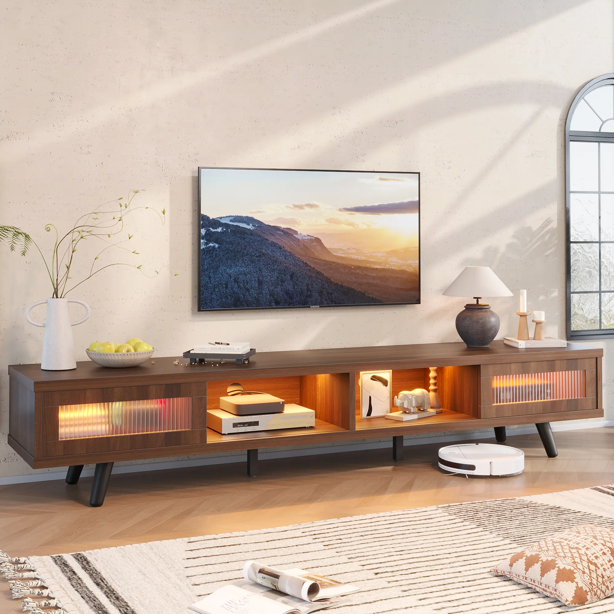 70" LED TV Stand for TVs up to 75" TV, Mid-Century Modern Entertainment Center with Sliding Glass Door, Media TV Console Table